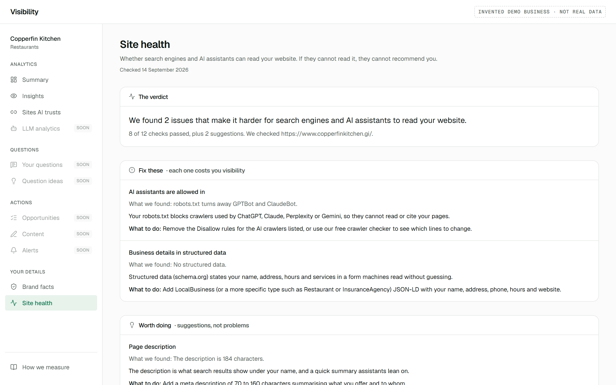 Site health: a verdict, the issues to fix with why and what to do, and the checks already passing